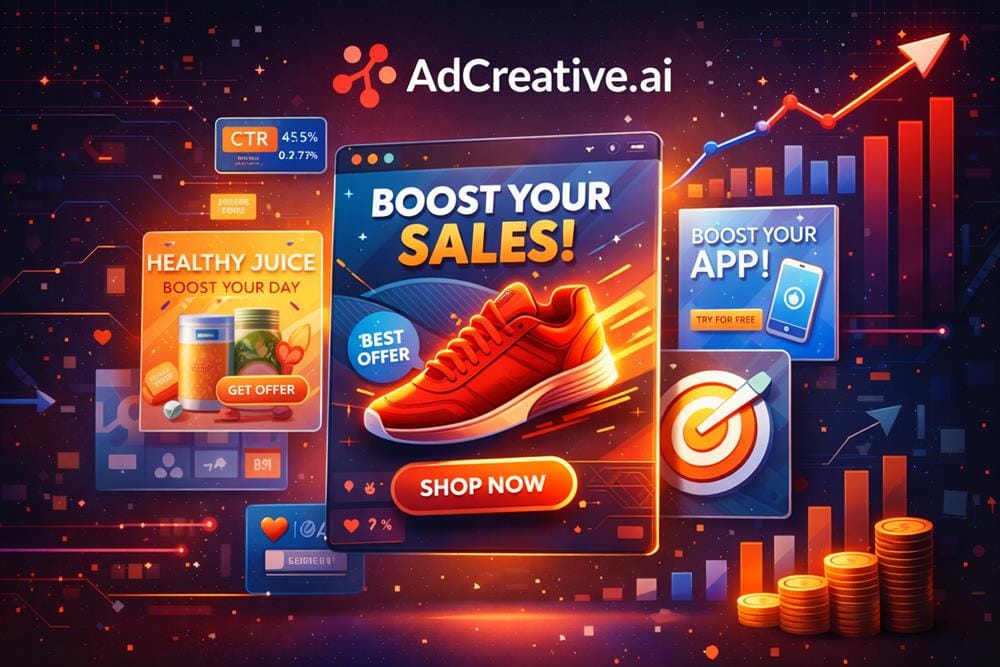 AdCreative AI platform generating high-converting ads with performance metrics and marketing visuals