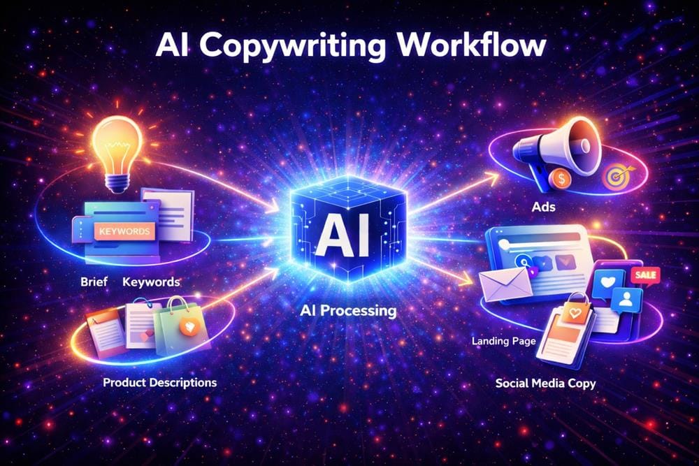 Infographic showing an AI copywriting workflow from input ideas and keywords to AI processing and marketing outputs like ads, landing pages, and social media content.