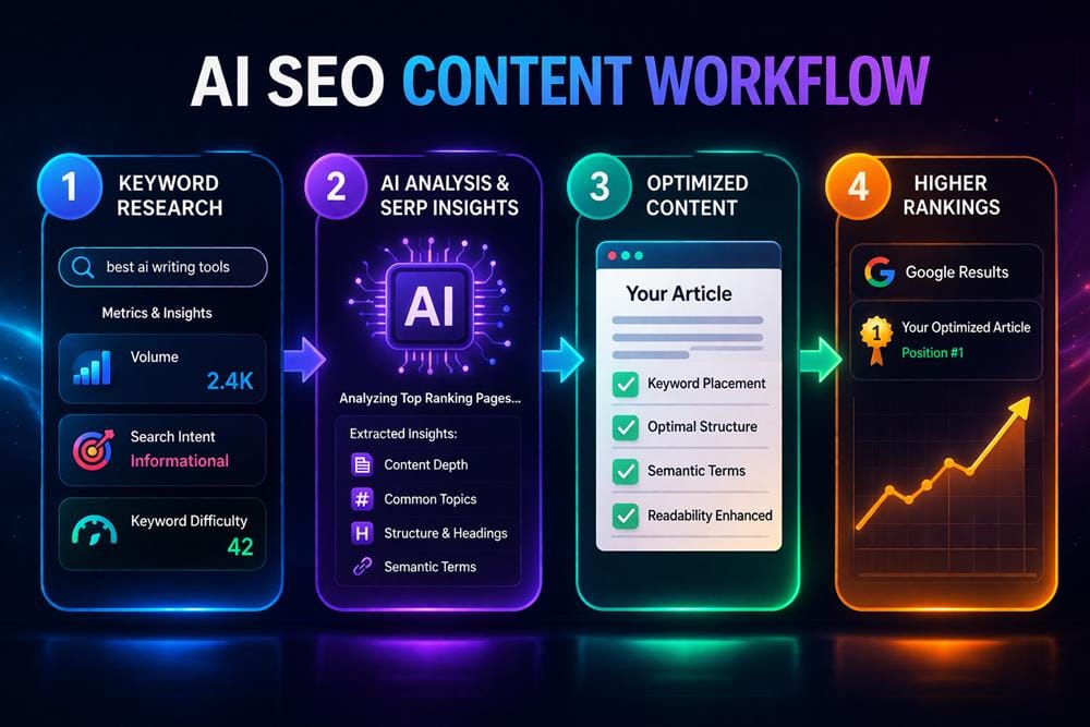 Workflow diagram showing how AI SEO tools transform keyword research into optimized content and higher search rankings