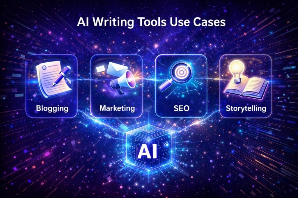 Illustration showing common use cases of AI writing tools including blogging, marketing, SEO, and storytelling connected to a central AI system.