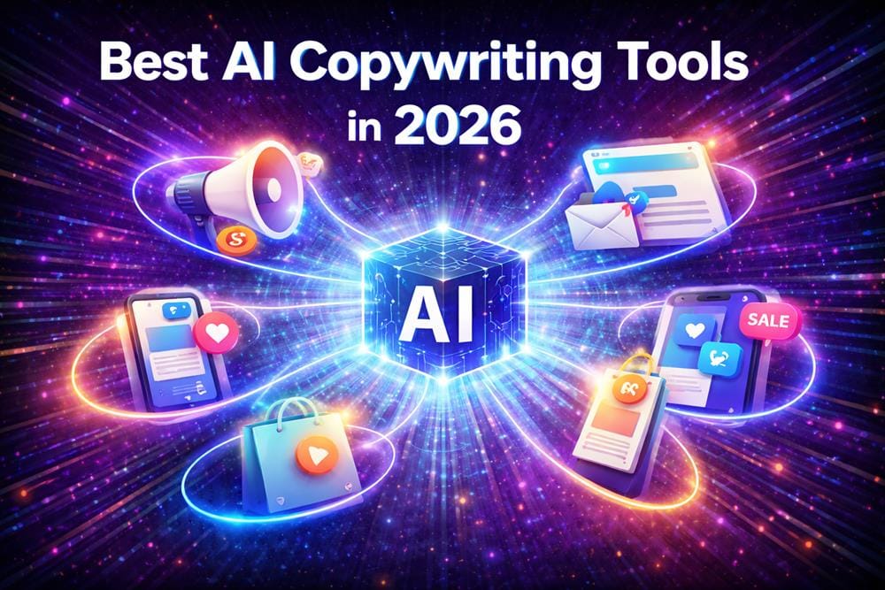 Illustration showing the best AI copywriting tools in 2026 with marketing elements like ads, emails, and landing pages connected to an AI system.