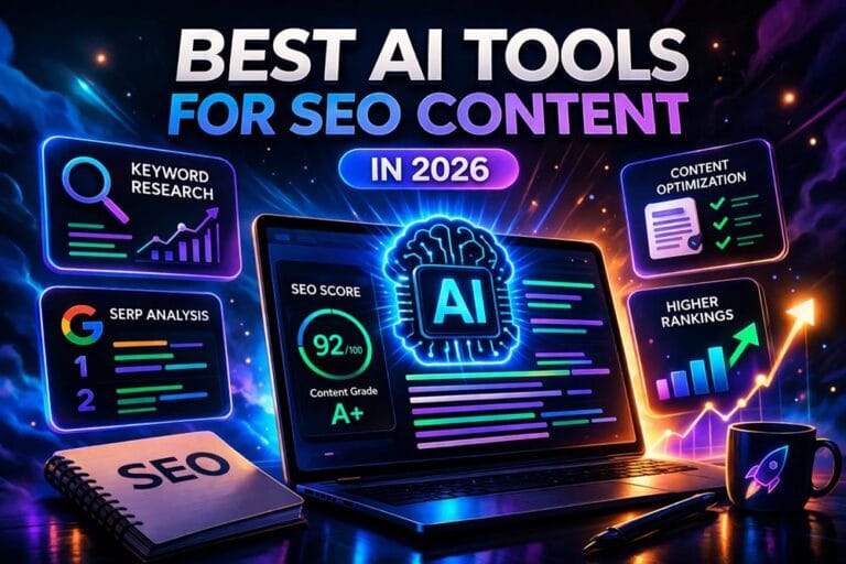 Illustration showing the best AI tools for SEO content in 2026 including keyword research, SERP analysis, content optimization, and ranking growth