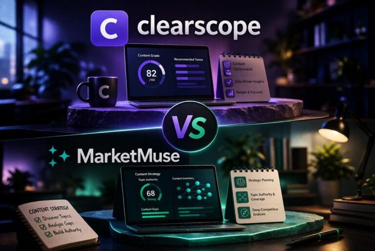 Comparison between Clearscope and MarketMuse highlighting differences in content optimization, SEO strategy, and data analysis features