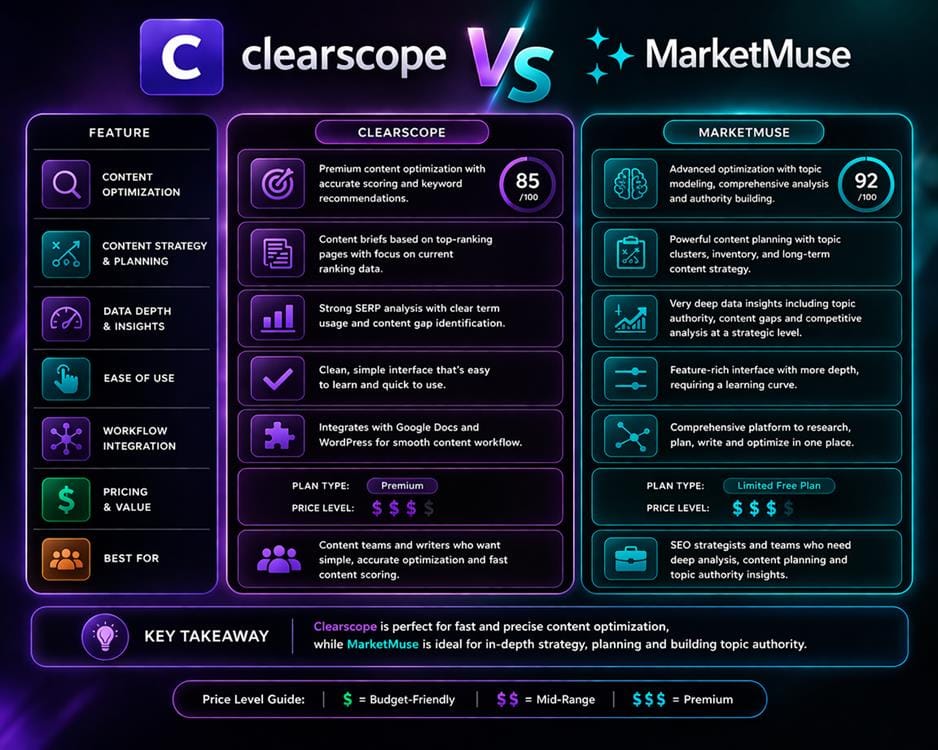 Side by side comparison of Clearscope and MarketMuse features including content optimization, strategy planning, data depth, usability, and pricing level