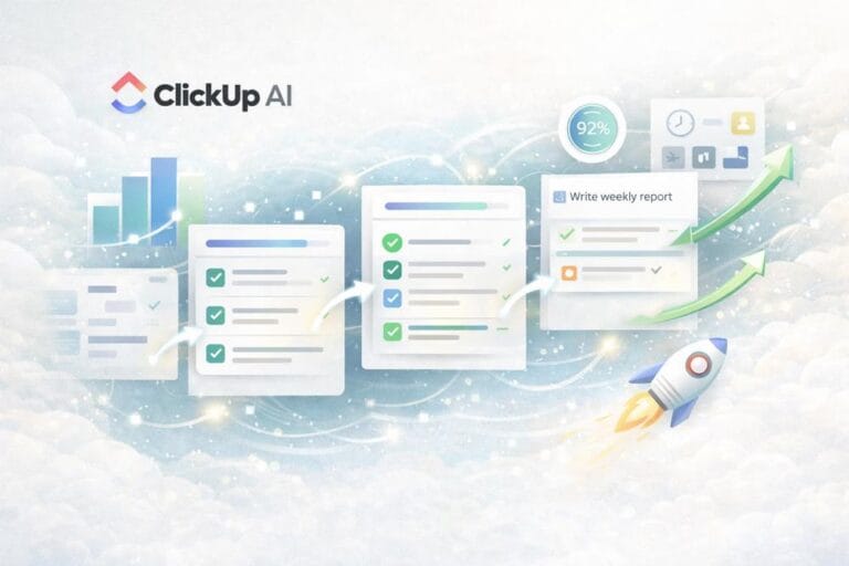 ClickUp AI task management system showing progress tracking, checklists and workflow execution in a dynamic interface