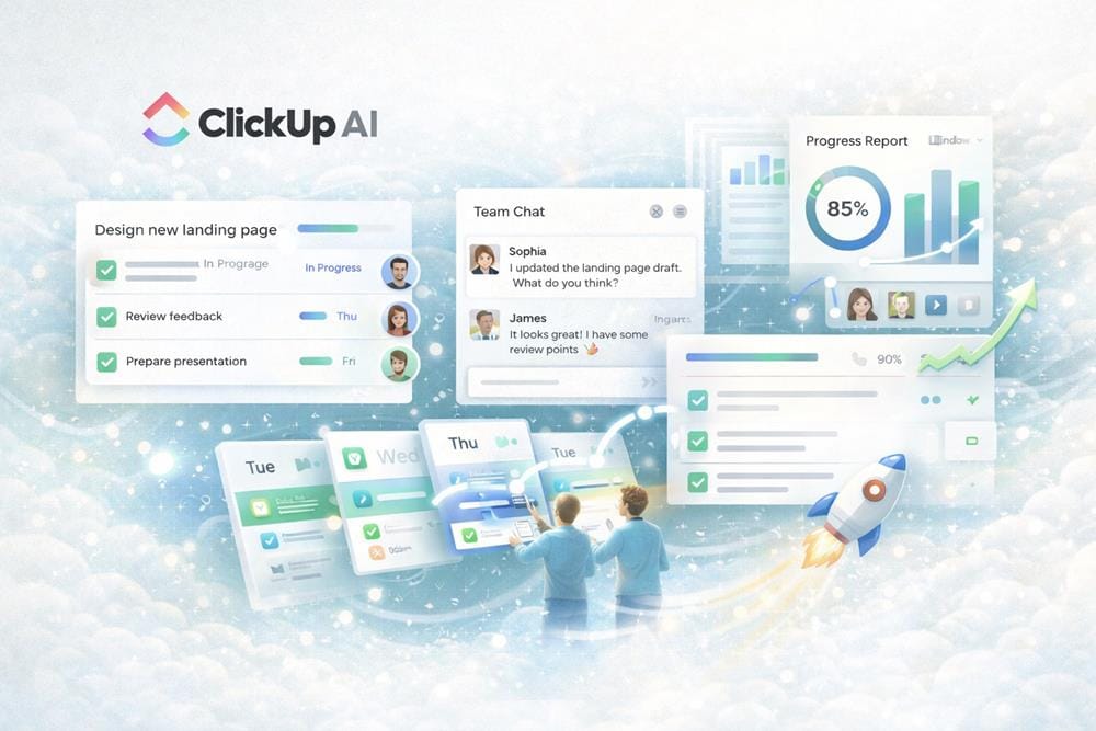 ClickUp AI workflow showing team collaboration, task management, progress tracking and performance reports