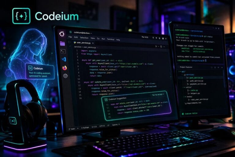 Codeium AI coding assistant in a Linux-style development environment with dual monitors and real-time code suggestions