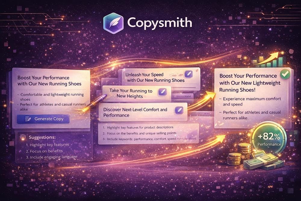 Copysmith workflow showing copy generation, variants, suggestions and optimized high-performing marketing text