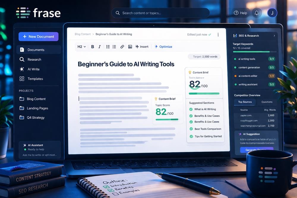 Frase AI content editor displaying SEO optimization workflow with keyword analysis, content scoring and competitor data