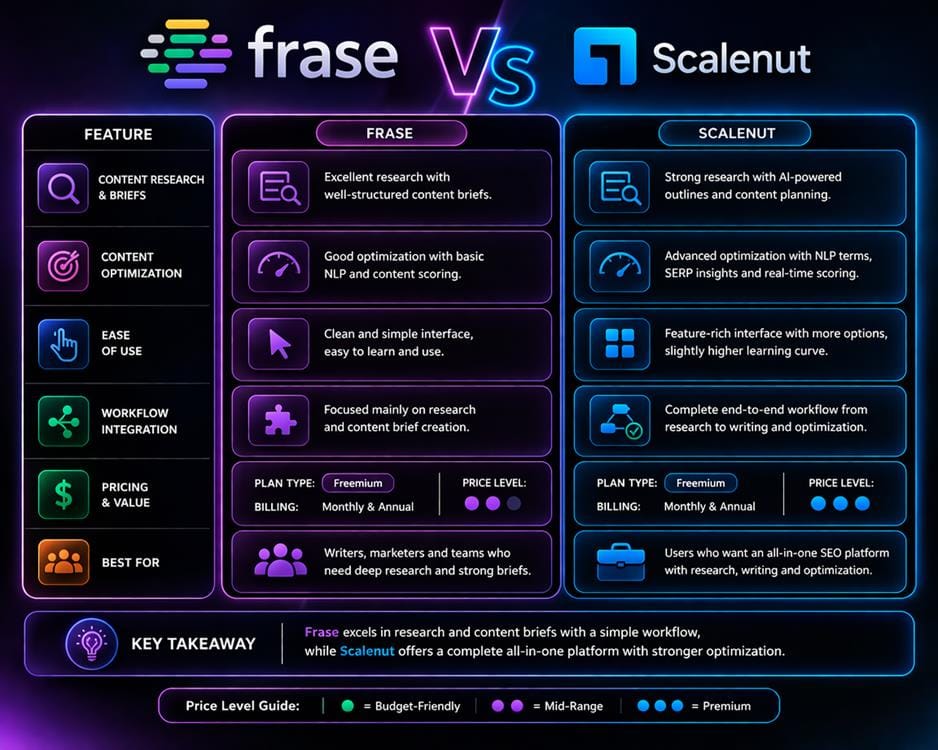 Side by side comparison of Frase and Scalenut features including content research, optimization, ease of use, workflow integration, and pricing level