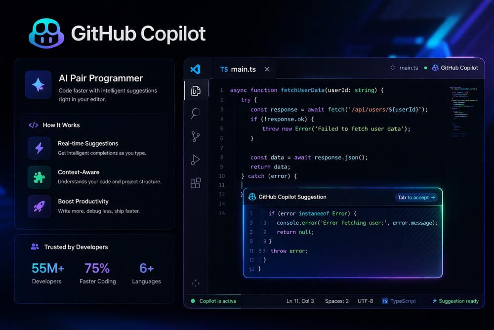 GitHub Copilot interface showing AI code suggestions, real-time completions and developer productivity features in a dark UI
