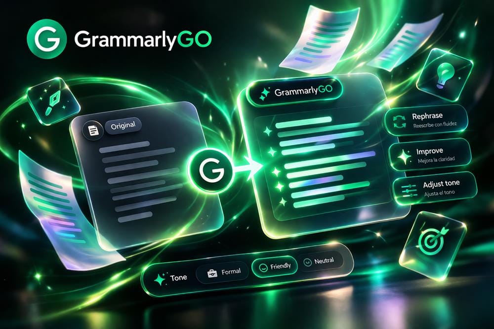 GrammarlyGO interface showing text improvement, rephrasing, tone adjustment and writing suggestions in a modern UI