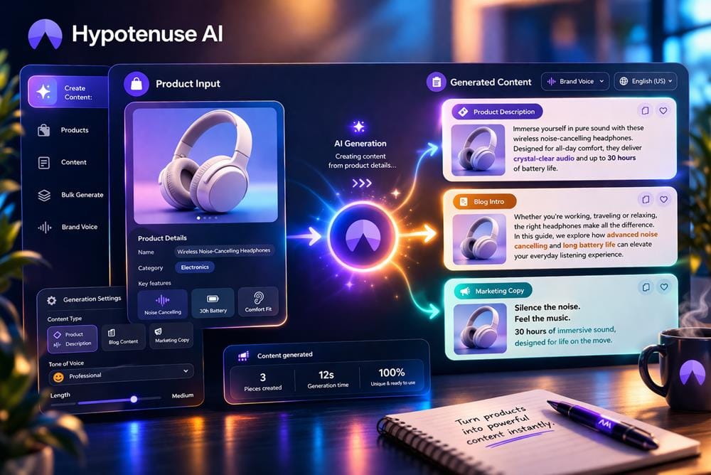 Hypotenuse AI dashboard showing product input and AI-generated content including descriptions, blog posts and marketing copy