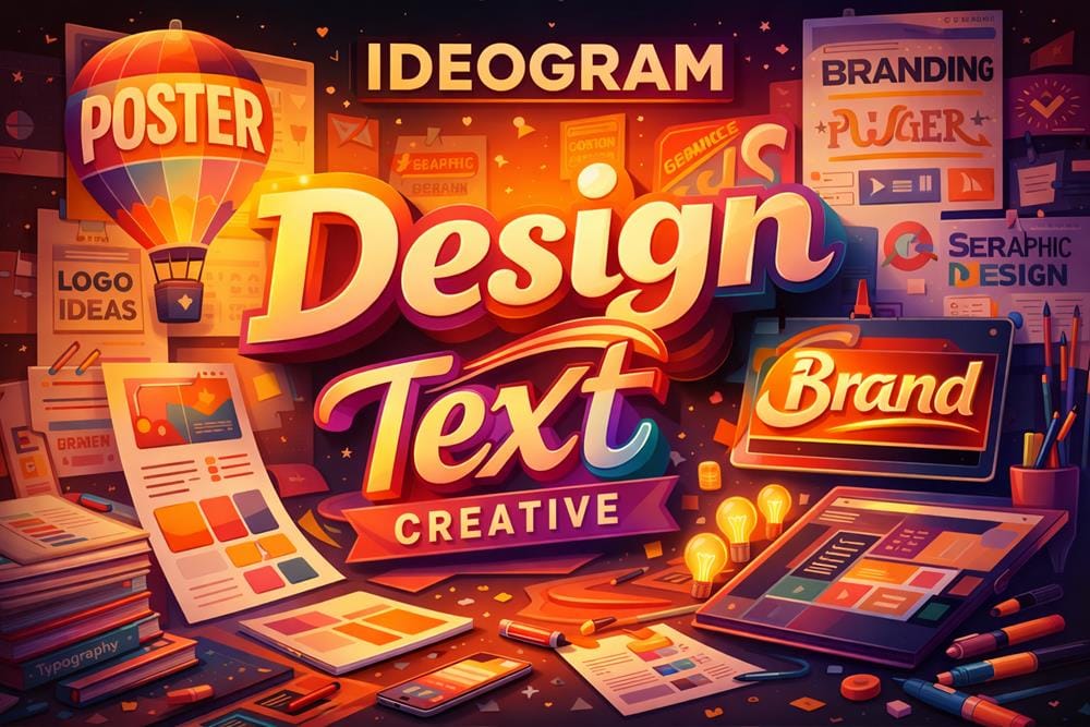Ideogram AI design tool showcasing typography, branding and poster creation with integrated styled text