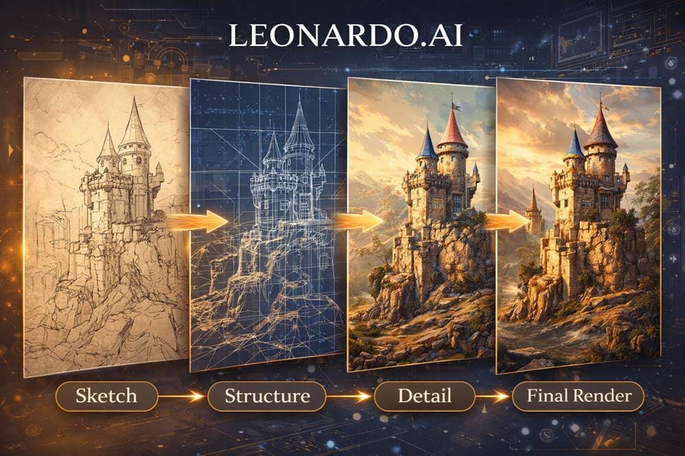 Leonardo AI workflow showing asset creation pipeline from sketch and structure to detailed final render
