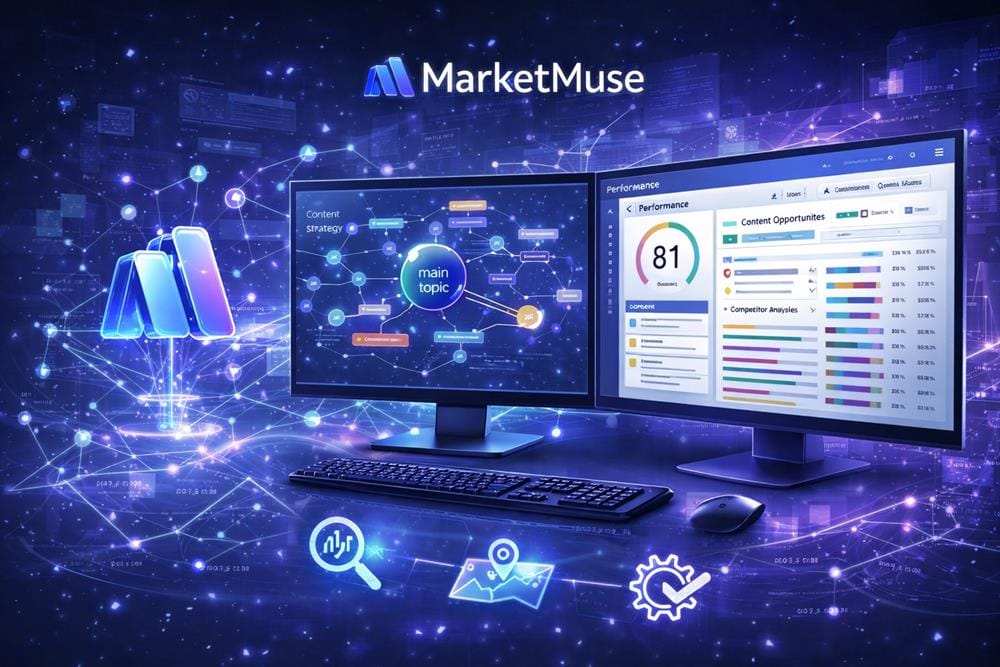 MarketMuse AI content strategy platform with dual monitors showing topic clusters and performance analysis