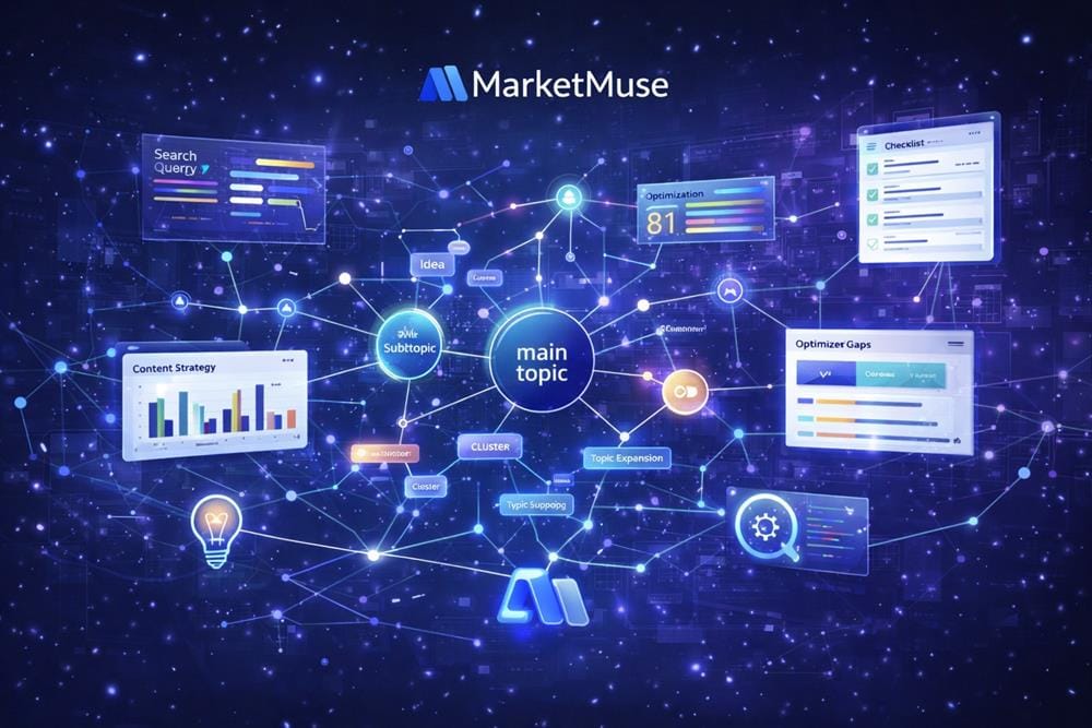 AI content intelligence network showing topic clusters, subtopics and optimization insights in MarketMuse