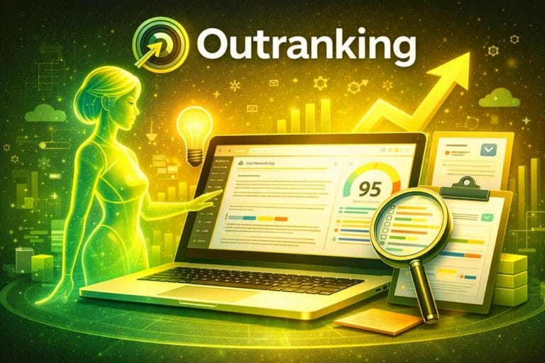 Outranking AI SEO tool with virtual assistant hologram and content optimization dashboard