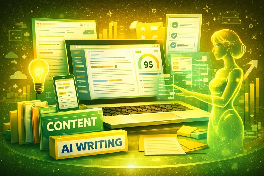 AI content optimization workflow with virtual assistant, SEO scoring and content planning interface