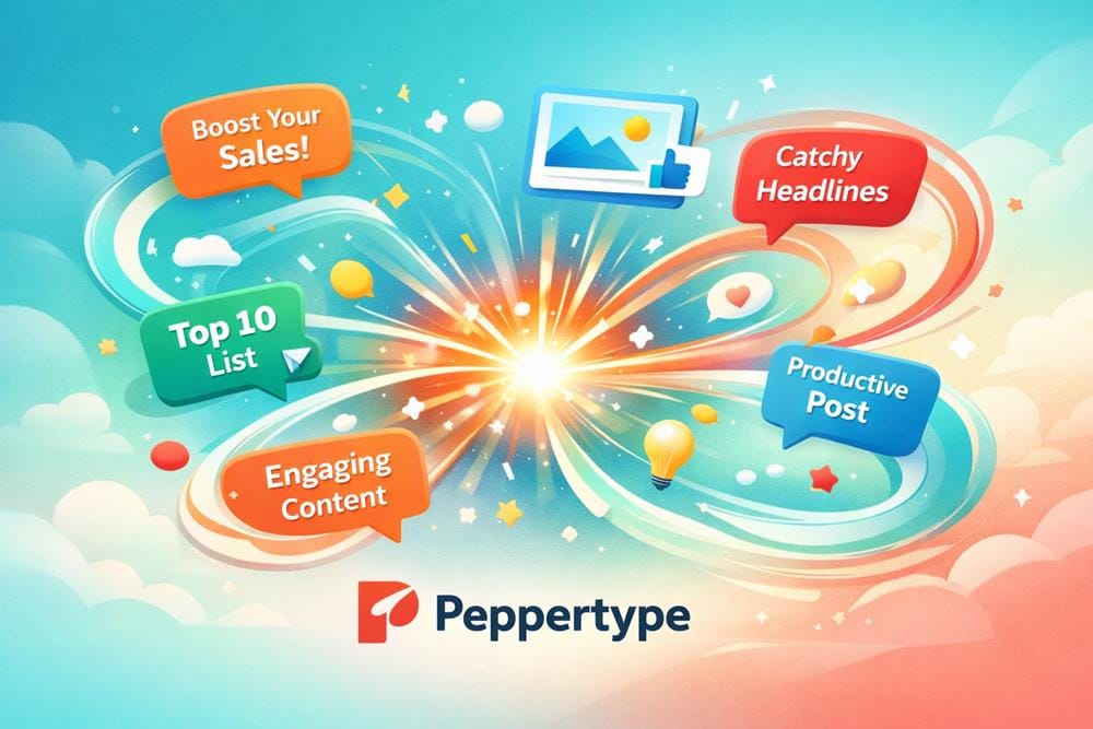 Peppertype AI generating creative copywriting ideas with dynamic flowing concept bubbles and content suggestions