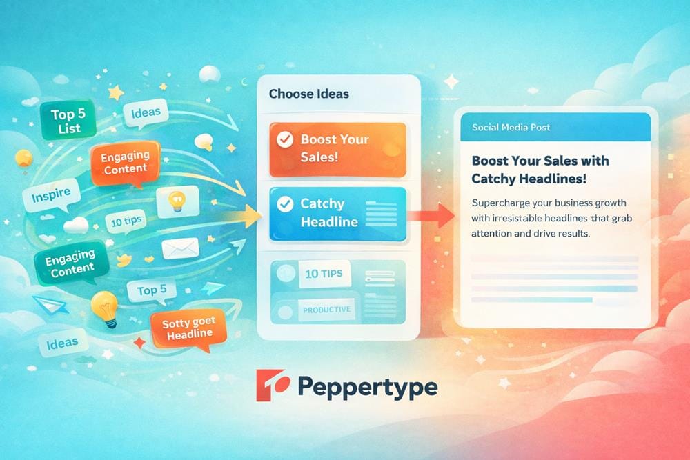 Peppertype workflow showing idea generation, selection process and final copy creation for social media content