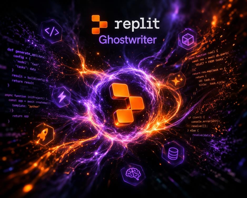 Replit Ghostwriter AI generating code with a glowing neon core surrounded by dynamic code fragments and creative energy