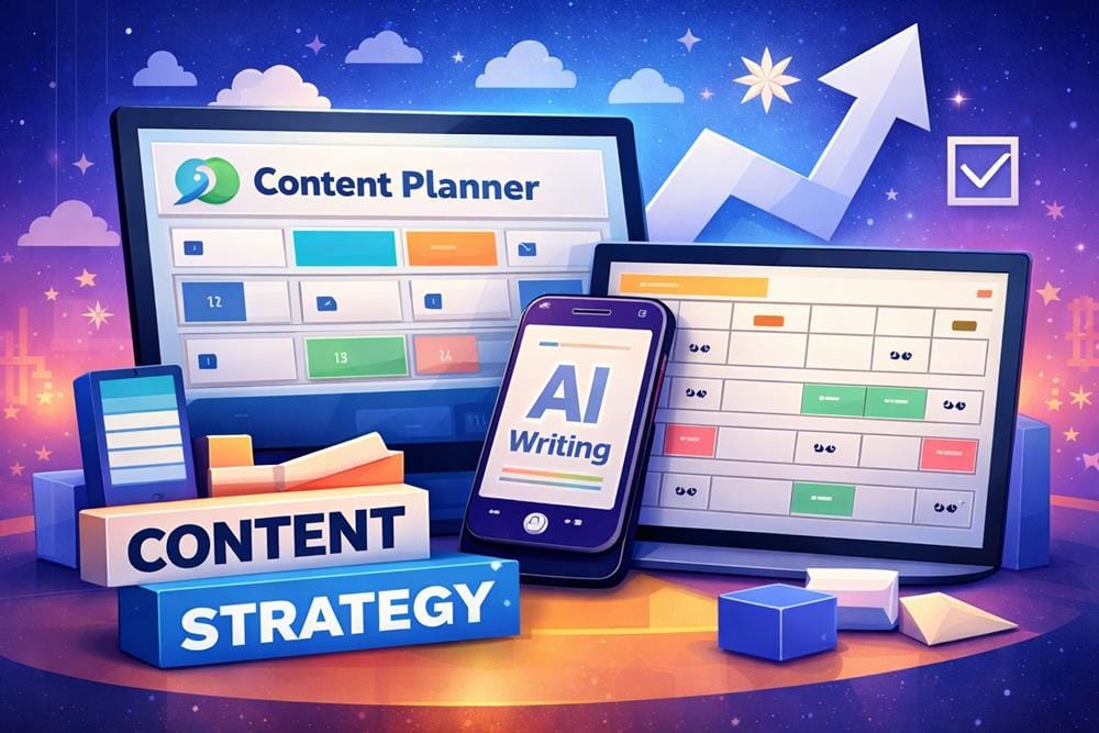 Content planner interface with AI writing tools, editorial calendar and SEO workflow