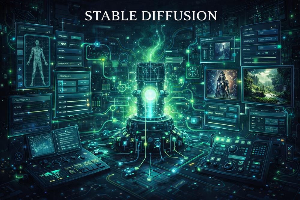 Stable Diffusion AI generation lab with modular system, glowing core and advanced image generation controls