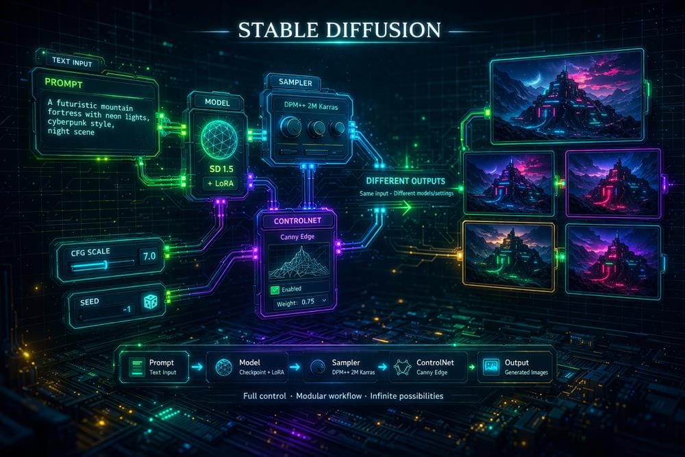 Stable Diffusion workflow showing prompt input, model selection, sampler settings, ControlNet and multiple generated outputs