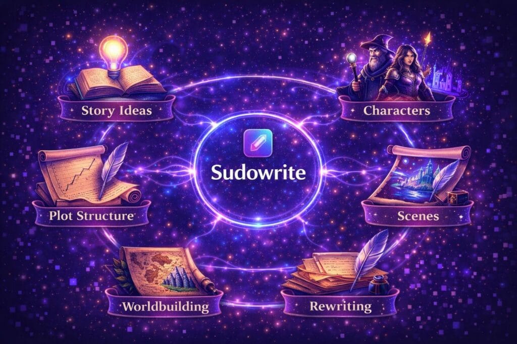 Sudowrite AI writing workflow infographic showing story ideas characters scenes plot structure worldbuilding and rewriting stages