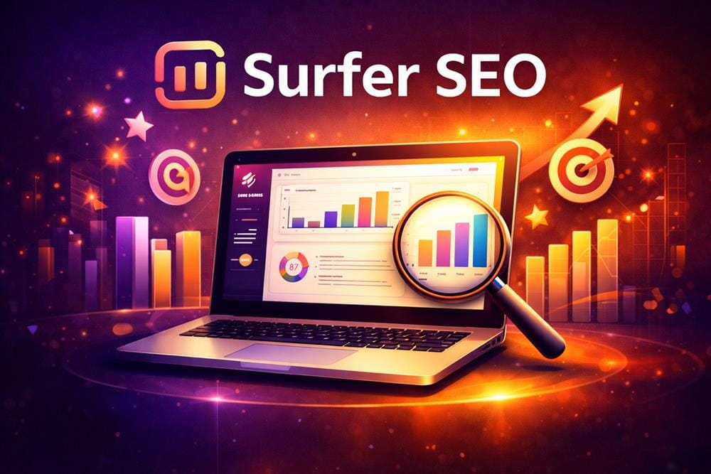 Surfer SEO AI content optimization tool interface with ranking analysis and SEO metrics dashboard