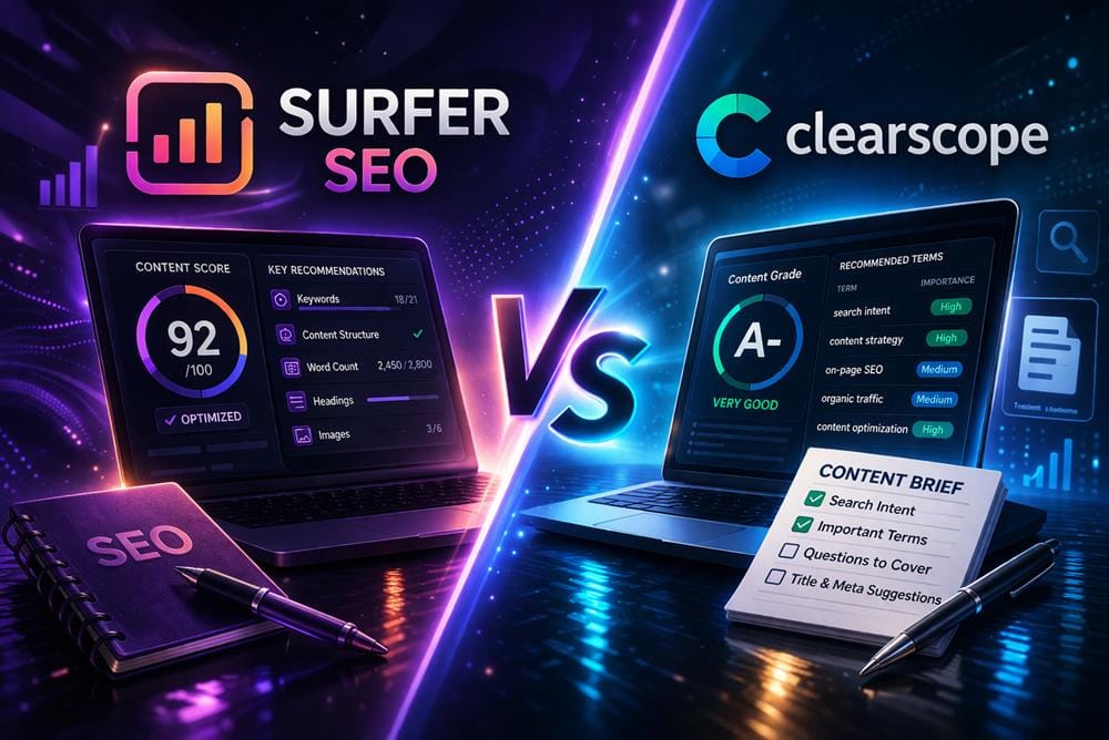 Comparison between Surfer SEO and Clearscope showing differences in content optimization, SEO scoring, and pricing value.
