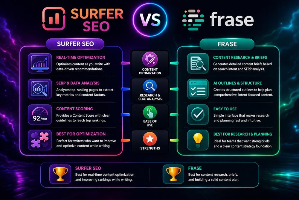 Side by side comparison of Surfer SEO and Frase features including real time optimization, SERP analysis, content briefs, and ease of use
