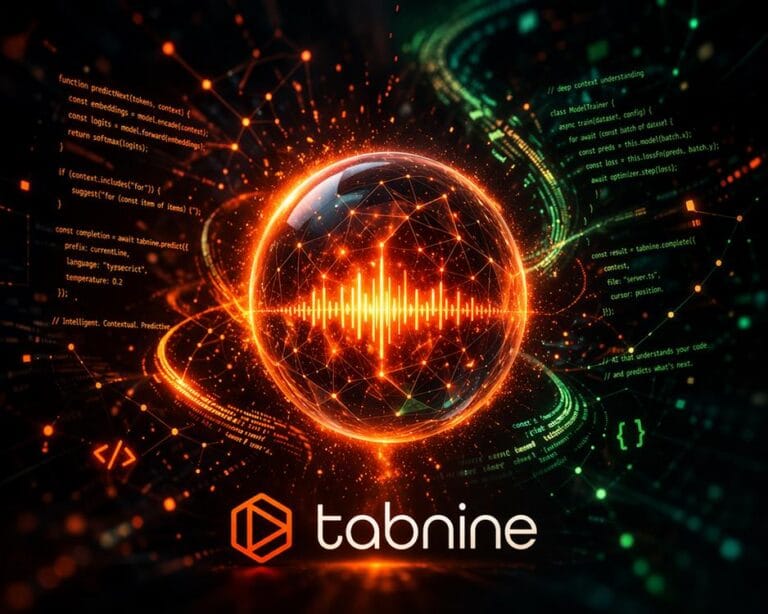 Tabnine AI code intelligence core visualized as a glowing neural sphere processing and predicting code in a futuristic environment