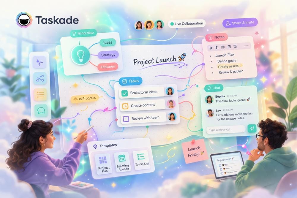 Taskade collaborative workspace showing mind maps, task lists, chat and real-time team interaction in a flexible canvas