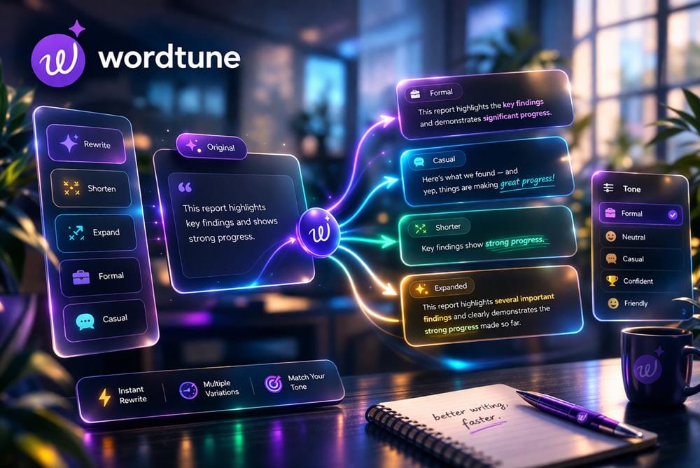 Wordtune interface displaying multiple rewritten sentence options with tone control and style adjustments