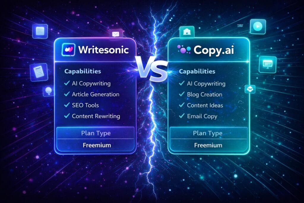 Infographic comparing Writesonic and Copy.ai AI writing tools showing their core capabilities and plan type.