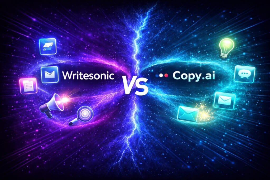 Illustration comparing Writesonic and Copy.ai AI writing tools in a head-to-head comparison.