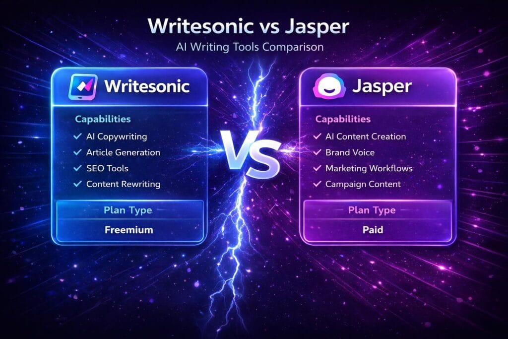 Infographic comparing Writesonic and Jasper AI writing tools showing their core capabilities and plan type.