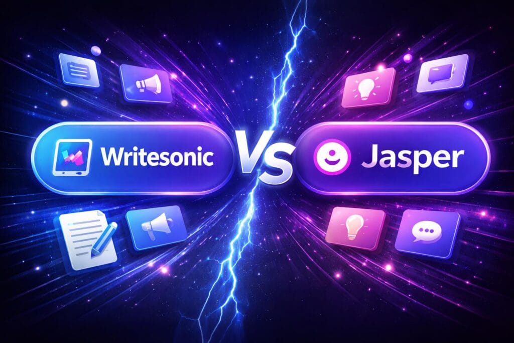 Illustration comparing Writesonic and Jasper AI writing tools in a head-to-head comparison.