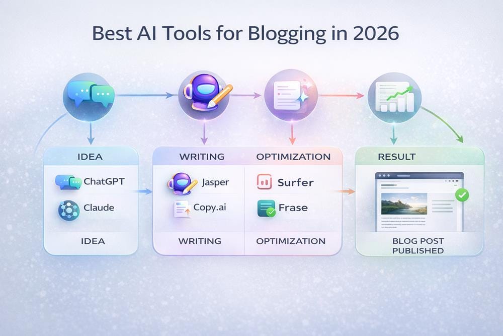 AI blogging workflow showing idea generation, writing, SEO optimization, and blog publishing using multiple AI tools