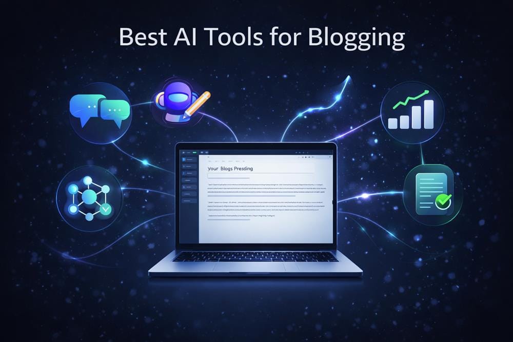 AI tools ecosystem for blogging showing a laptop surrounded by connected icons representing content creation, writing, and SEO optimization