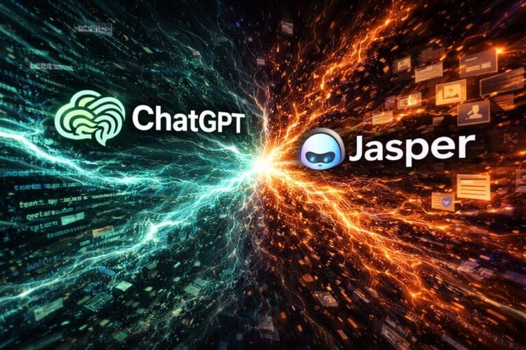 ChatGPT vs Jasper AI comparison showing two writing assistants with dynamic energy and creative content generation elements