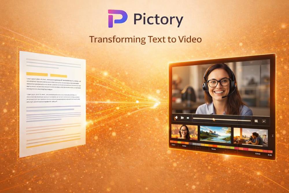 Pictory AI tool converting written text into engaging video content with a smooth transformation flow and warm visual style