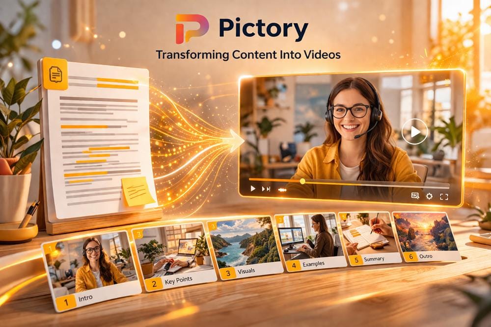 Pictory AI workflow showing text input transformed into a video storyboard with multiple scenes and structured content flow
