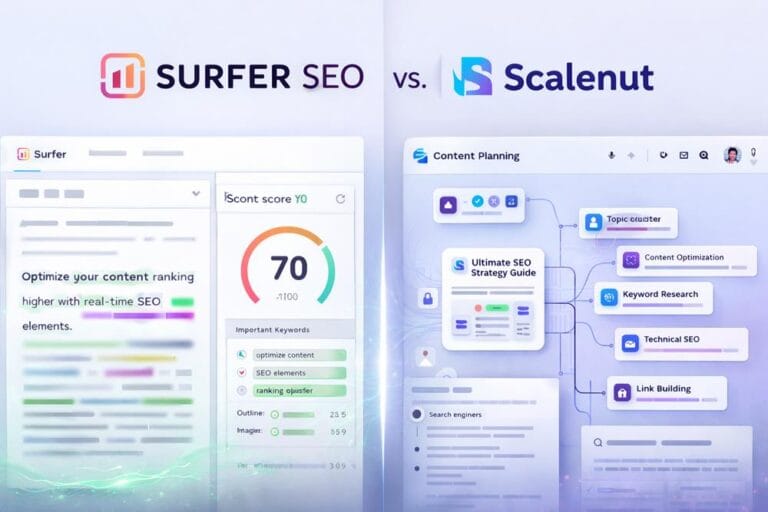 Surfer SEO vs Scalenut comparison showing content optimization interface versus SEO planning and topic clustering workflow