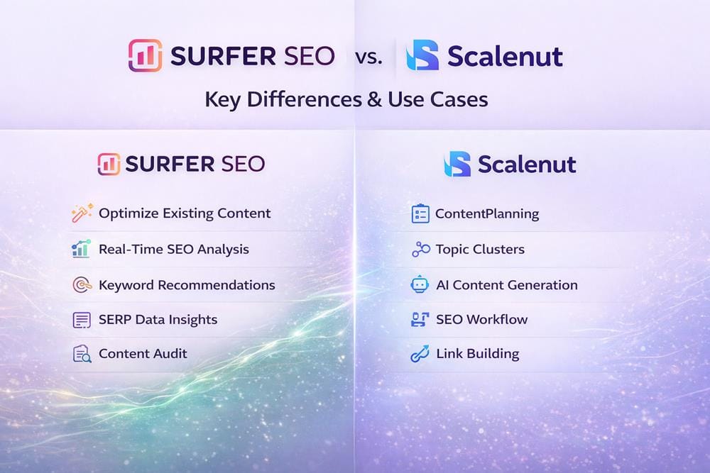 Surfer SEO and Scalenut comparison highlighting key features, use cases, and differences in SEO optimization and content strategy tools